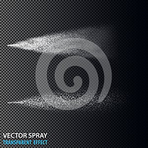 Transparent water spray cosmetic set with dust and dots. White 3d fog spray effect isolated on background. Vector spray