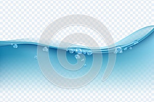 Transparent water wave with bubbles. Water background. Vector image.