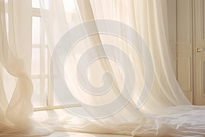 Transparent white curtain tulle from window in bedroom. Sunny morning in white bedroom, fresh air window curtain with