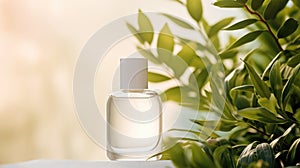Transparent white glass perfume bottle mockup with plants on background. Eau de