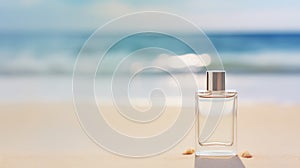 Transparent white glass perfume bottle mockup with sandy beach and ocean waves