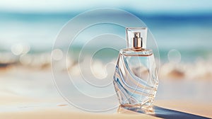 Transparent white glass perfume bottle mockup with sandy beach and ocean waves