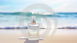 Transparent white glass perfume bottle mockup with sandy beach and ocean waves