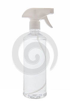Transparent white plastic botle of antibacterial sanitizer fluid. Selective focus