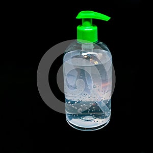 Transparent white plastic botle of sanitizer fluid
