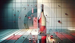 Transparent wine bottle reflecting on glossy tiles with droplets, AI-generated.