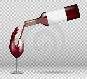 Transparent wine bottle and wineglass mockup with reflection. red wine liquid pouring down with splash in glass isolated photo