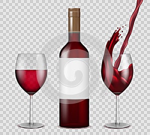 Transparent wine bottle and wineglasses mockup. red wine splash in bottle and glasses isolated. Vector illustration.