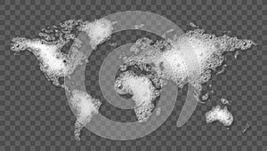 Transparent world map of soap foam on checkered background