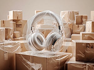Transparent-wrapped high-end white over-ear headphones on table, surrounded by assorted cardboard boxes against a light wall