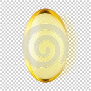 Transparent yellow capsule Vitamin E pill isolated 3d realistic vector illustration. Omega 3 close-up. Medical and healthcare
