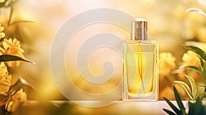 Transparent yellow glass perfume bottle mockup with plants on background. Eau de