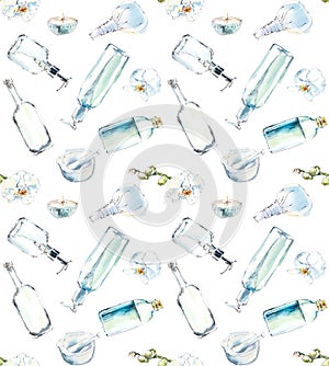 Transperent bottles with means of care. Seamless pattern. Watercolor hand drawn illustration