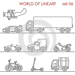 Transport aerial road moto graphical lineart hipster set. Line art collection.
