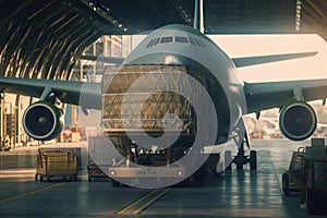 Transport aircraft in the hangar of cargo terminal. Large bales on the trolley ready for loading into the plane's