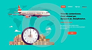 Transport airplane express delivery punctuality shipping parcel packages international transportation concept world map