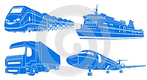 Transport: airplane, train, truck, liner