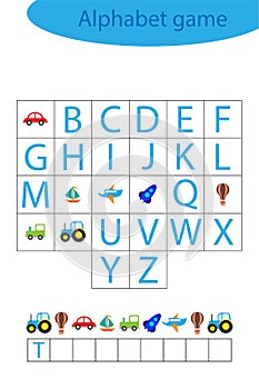 Transport alphabet game for children, make a word, preschool worksheet activity for kids, educational spelling scramble