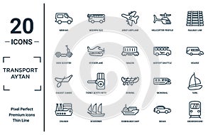 transport.aytan linear icon set. includes thin line minivan, kick scooter, dugout canoe, cruiser, underground, wagon, yawl icons
