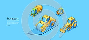 Transport banner with isometric sweeper, tractor