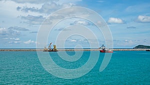 Transport boats moored on the coast of the Gulf of Thailand, Sattahip, Thailand