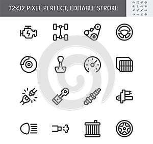 Transport car parts simple line icons. Vector illustration with minimal icon - check engine, gearbox, brakes, spark