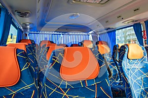 Transport, car travel, tourism and equipment concept - tourist salon and bus places. Selective focus