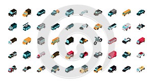 Transport car truck vehicles isometric icons set