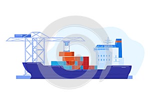 Transport with cargo package, transportation delivery by ship, flat logistic shipment business, vector illustration