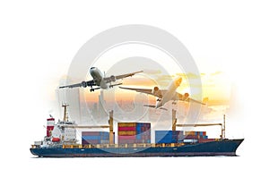 Transport of cargo planes and container ships. industrial logistics business import and export Global business and transportation