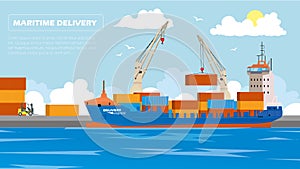 Transport cargo sea ship loading containers by harbor crane in shipping port vector illustration