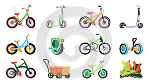 Transport for children. Cartoon kids and teen bicycle scoother, colorful toddlers skate, three wheels bike, rollers