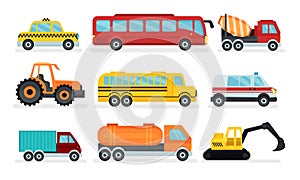 Transport Collection, Taxi Car, Bus, Cement Truck, Tractor, Ambulance, Lorry, Bulldozer Vector Illustration