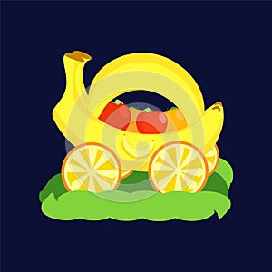 Transport colourful vector with fruit isolated car. Wheels , grass and fruits.