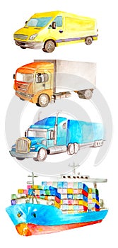 Transport concept from watercolor cargo ship and two medium and heavy tonnage trucks and one van truck on a white background