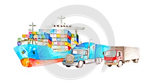 Transport concept from watercolor cargo ship and two medium and heavy tonnage trucks on a white background isolated