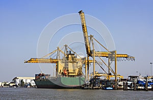 Transport container ship dock on chao phraya river