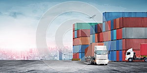 Transport of container truck at shipping depot dock yard background with stack colorful containers box, Logistics