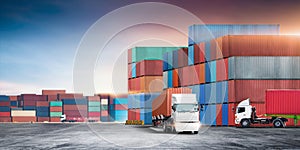 Transport of container truck at shipping depot dock yard background with stack colorful containers box, Logistics import export