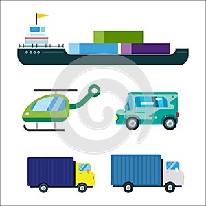 Transport delivery vector isolated white transportation car bus van fire truck helicopter ship silhouette icon tanker