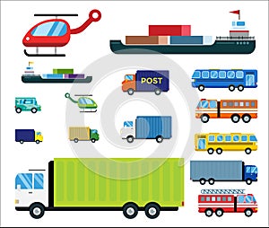 Transport delivery vector isolated white transportation car bus van fire truck helicopter ship silhouette icon tanker