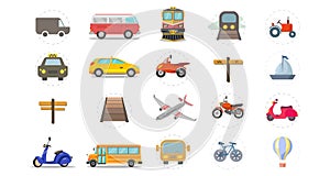 transport flat icon set with car, bus, plane, ship