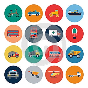 Transport flat icons. Cars and public transport vector flat illustration