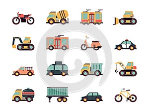 Transport flat icons. Urban vehicles cars buses airplane fuel transportation vector colored symbols