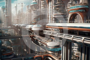 Transport of the future in a gigantic futuristic megopolis. Abstract background for a science fiction book. photo