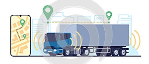 Transport of future. Truck moves on road without driver. Driverless lorry. Car automative driving. City route control