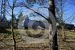 View of a freight train from the edge of a forest in the Berlin-Biesdorf district. Berlin, Germany, Europe.