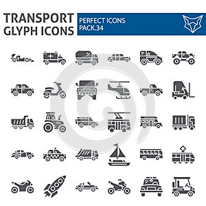 Transport glyph icon set, vehicle symbols collection, vector sketches, logo illustrations, traffic signs solid