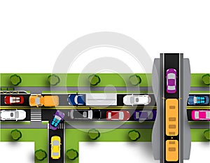 Transport hub with difficult movement. Various cars. on white background. illustration