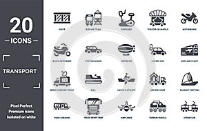 transport icon set. include creative elements as crate, motorbiking, locked car, canoe & athlete, truck front view, media company